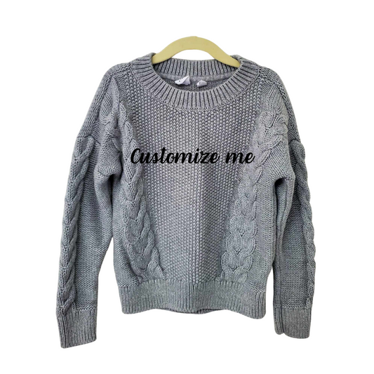 Customizable Thrifted Grey Cable Knit Sweater - GAP Kids S