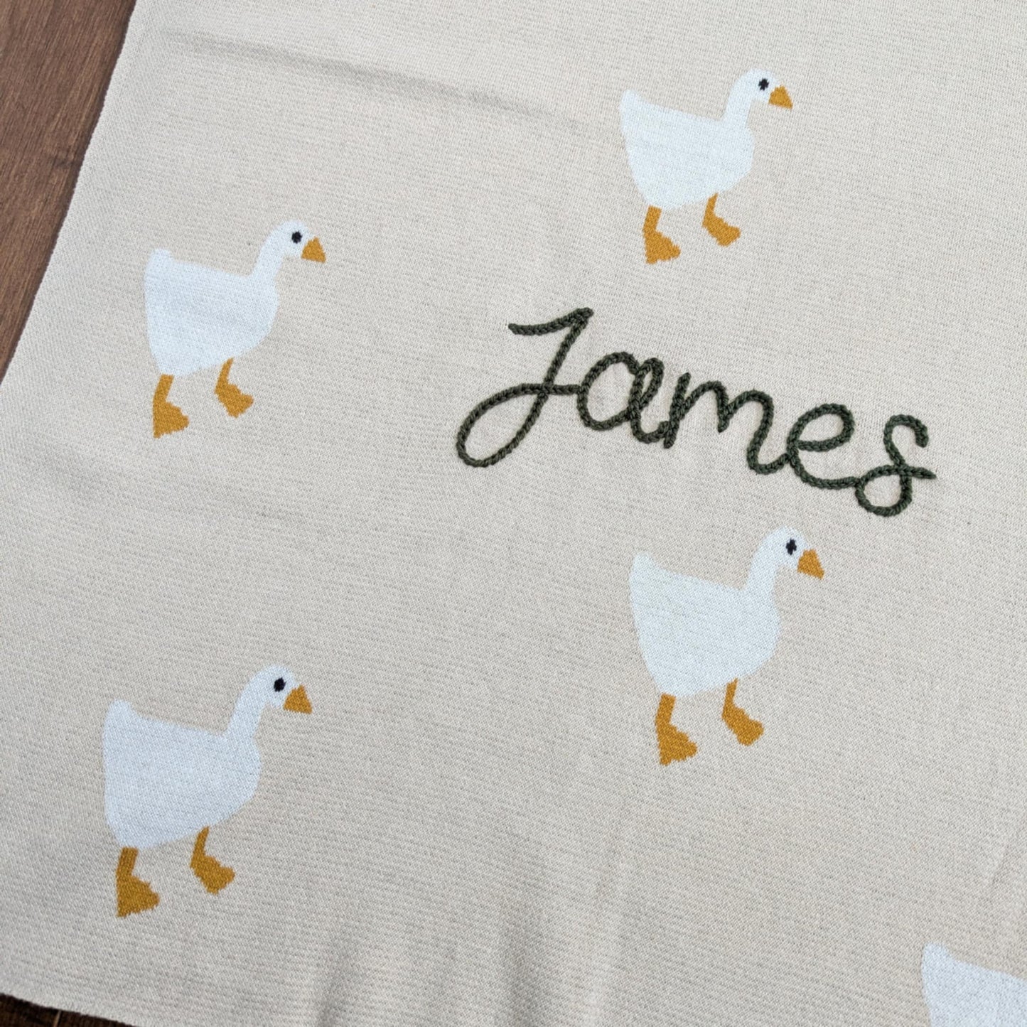 Beige blanket with white ducks and the name 'James'